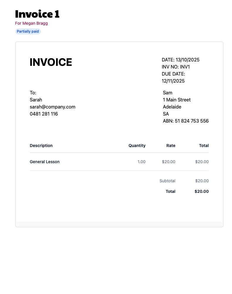 Invoice preview screen in Recite.