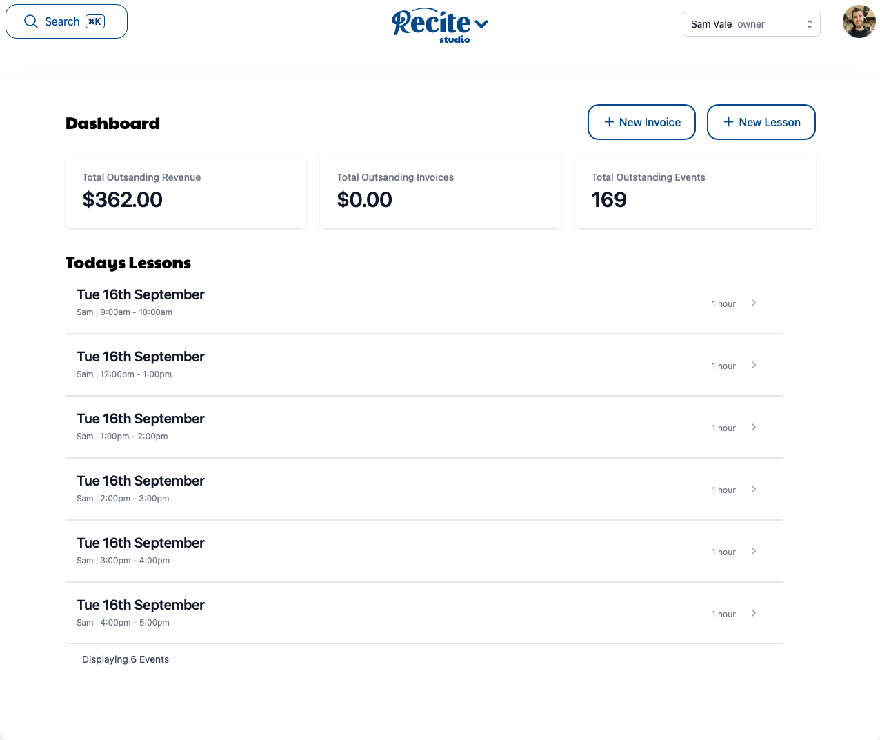 Studio Mode for recite, view all teachers, invoices and lessons across your entire business.